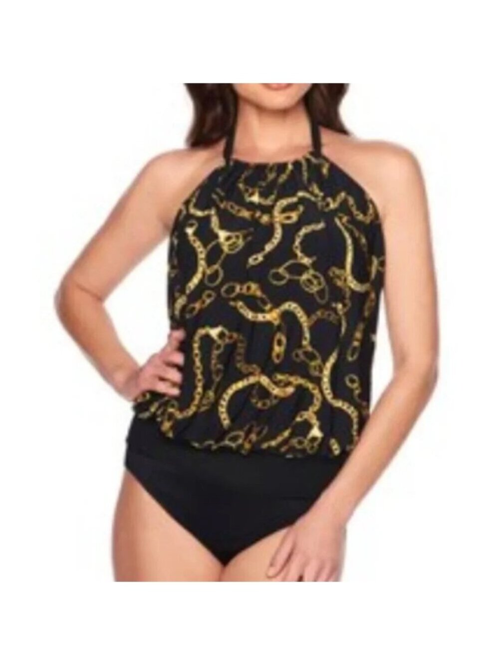 Trimshaper Black Gold Chain Gang Alicia Halter Tankini Top - 18